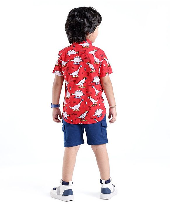 Babyhug Cotton Woven Half Sleeves Dino Printed Shirt - Red