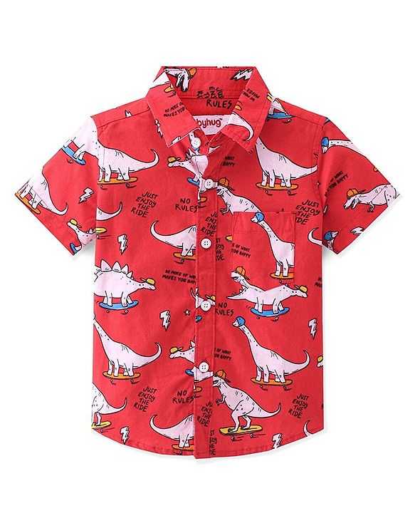 Babyhug Cotton Woven Half Sleeves Dino Printed Shirt - Red