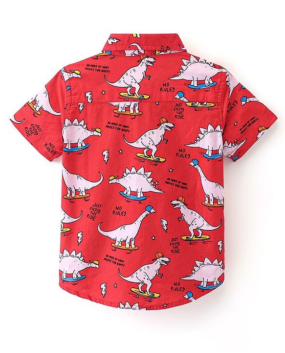 Babyhug Cotton Woven Half Sleeves Dino Printed Shirt - Red