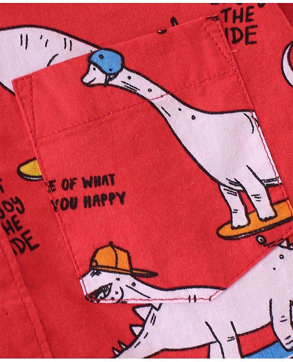 Babyhug Cotton Woven Half Sleeves Dino Printed Shirt - Red