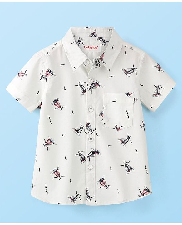 Babyhug Cotton Woven Half Sleeves  Regular Collar Shirt Ship Printed  - White