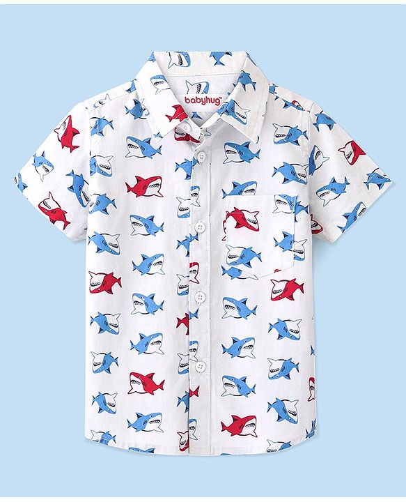 Babyhug 100% Cotton Woven Half Sleeve Regular Collar One Pocket Shark Print Shirt - White