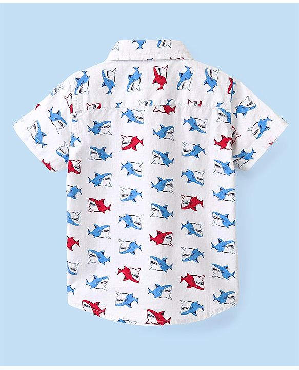 Babyhug 100% Cotton Woven Half Sleeve Regular Collar One Pocket Shark Print Shirt - White