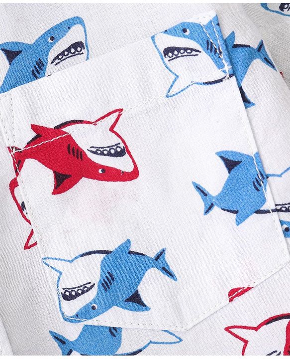 Babyhug 100% Cotton Woven Half Sleeve Regular Collar One Pocket Shark Print Shirt - White