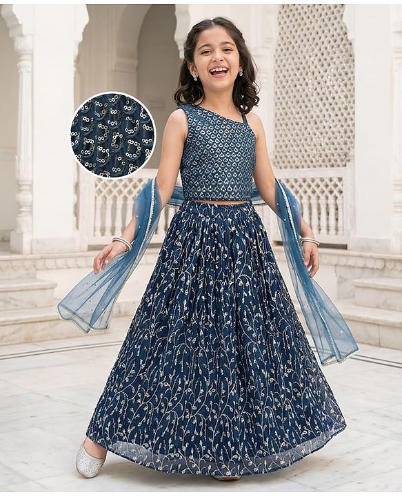 Pine Kids Woven Sleeveless Floral Sequin Embroidered Choli & Lahenga Set with Dupatta - Blue