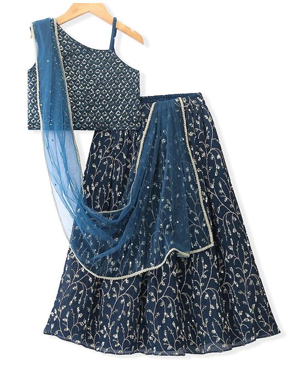 Pine Kids Woven Sleeveless Floral Sequin Embroidered Choli & Lahenga Set with Dupatta - Blue