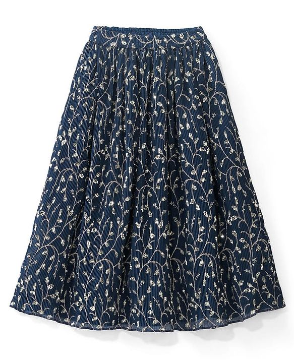 Pine Kids Woven Sleeveless Floral Sequin Embroidered Choli & Lahenga Set with Dupatta - Blue