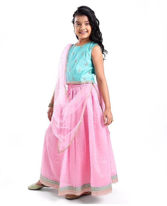 Pine Kids Sleeveless Choli & Lehenga with Dupatta Set Embroidery & Gold Foil Print - Pink & Blue