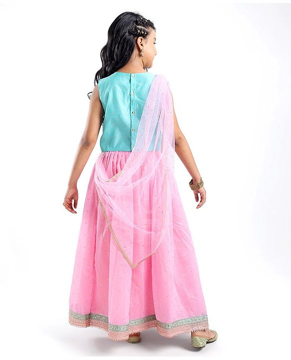 Pine Kids Sleeveless Choli & Lehenga with Dupatta Set Embroidery & Gold Foil Print - Pink & Blue