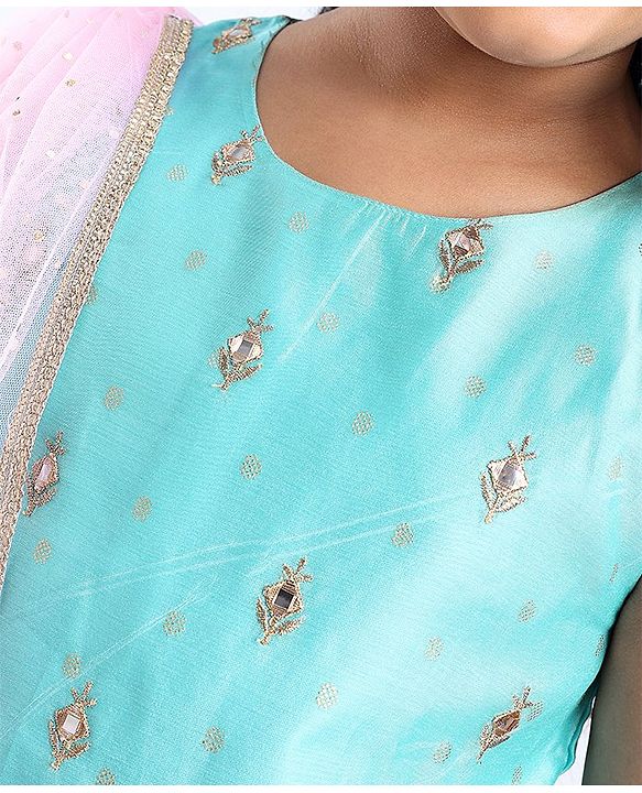Pine Kids Sleeveless Choli & Lehenga with Dupatta Set Embroidery & Gold Foil Print - Pink & Blue