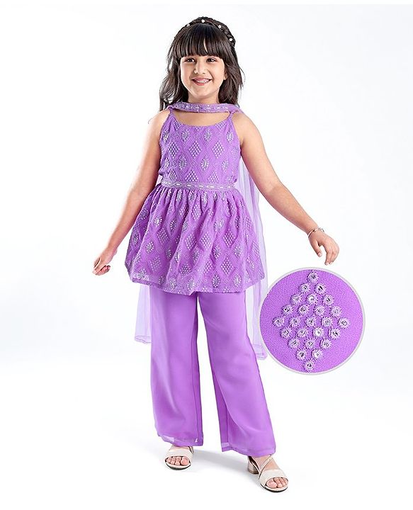Pine Kids  Sleeveless Embroidered Kurti & Salwar Set with Dupatta Lilac