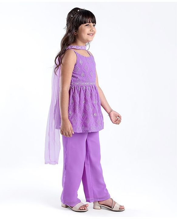 Pine Kids  Sleeveless Embroidered Kurti & Salwar Set with Dupatta Lilac