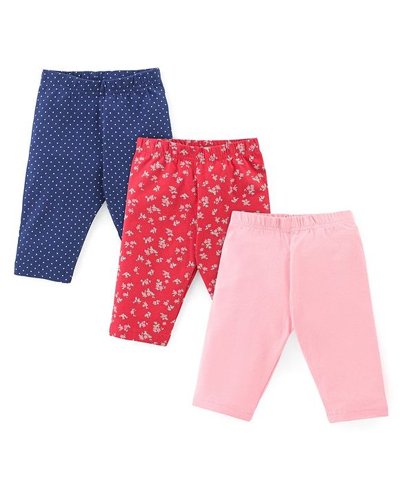 Babyhug Cotton Knit Single Jersey Three Fourth Leggings With Polka Dot & Floral Print Pack of 3 - Navy Blue Red & Pink