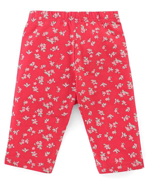 Babyhug Cotton Knit Single Jersey Three Fourth Leggings With Polka Dot & Floral Print Pack of 3 - Navy Blue Red & Pink
