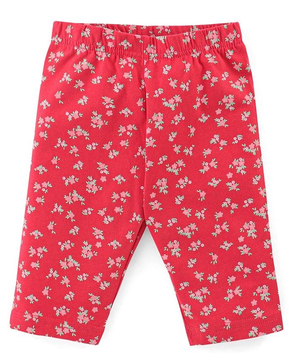 Babyhug Cotton Knit Single Jersey Three Fourth Leggings With Polka Dot & Floral Print Pack of 3 - Navy Blue Red & Pink