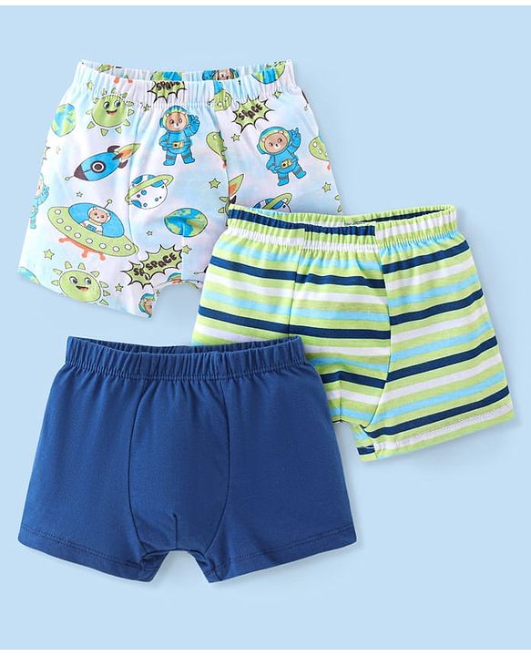 Babyhug 100% Cotton Single Jersey Knit Trunk Stripes & Bear Print Pack of 3 - Multicolor