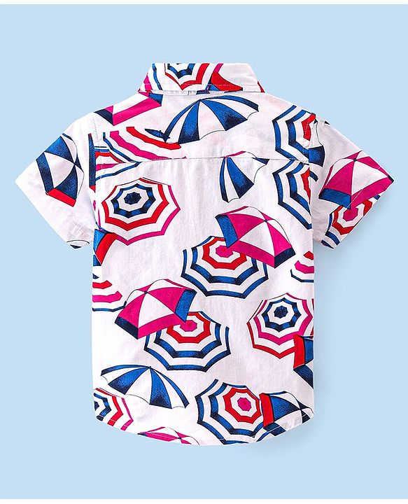Babyhug 100% Cotton Knit Half Sleeve Regular Collar Shirt Umbrella Print - White