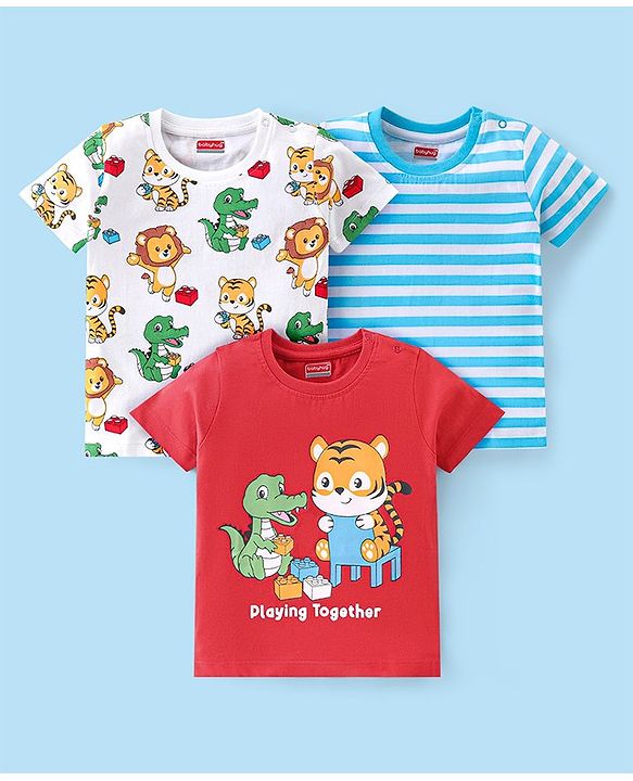Babyhug Cotton Knit Half Sleeves T-Shirt Stripes & Animal Graphics Pack Of 3 - Blue White & Red