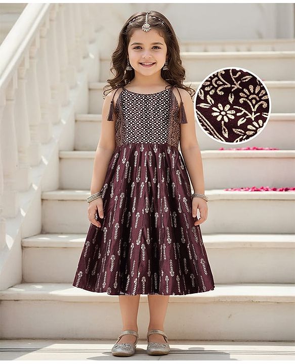 Babyhug Woven Singlet Sleeves Foil Floral Printed Ethnic Dress - Maroon