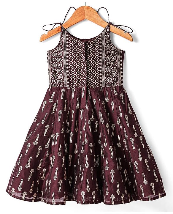 Babyhug Woven Singlet Sleeves Foil Floral Printed Ethnic Dress - Maroon