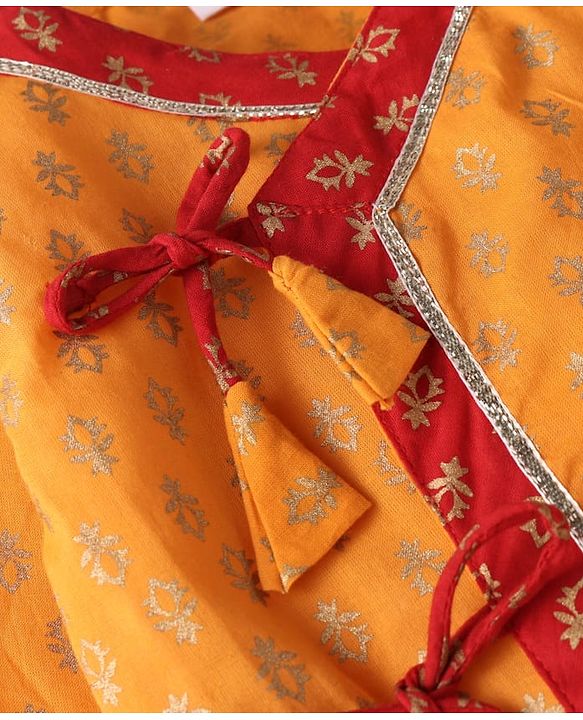 Babyhug Cotton Woven Full Sleeves  Brocade Angarakha Kurta Dhoti Jamna Set with Pair of Booties & Paghdi - Mustard