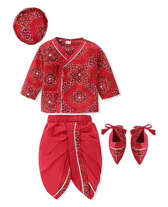 Babyhug Woven Full Sleeves Jamna Set with Forehead Cap & Booties - Red