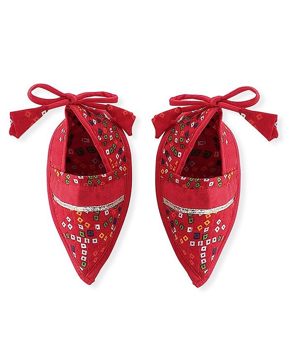 Babyhug Woven Full Sleeves Jamna Set with Forehead Cap & Booties - Red