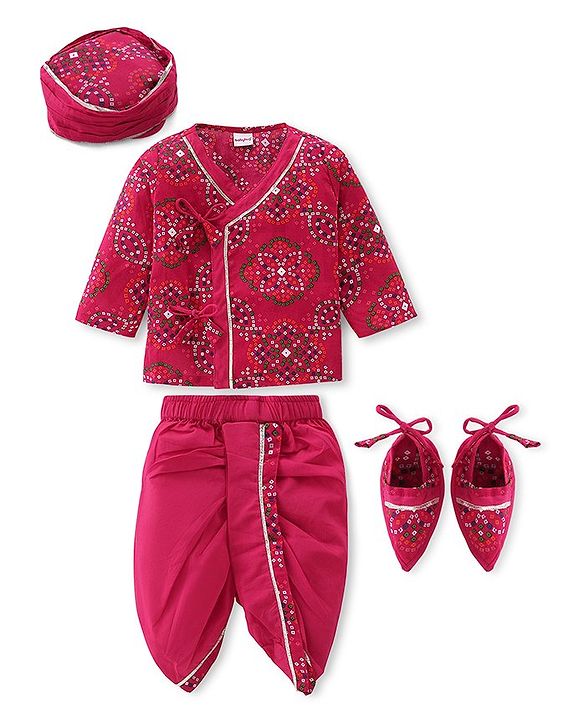 Babyhug Woven Full Sleeves Jamna Set with Forehead Cap & Booties - Fuchsia