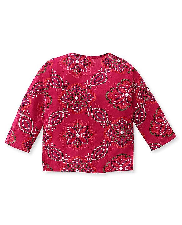 Babyhug Woven Full Sleeves Jamna Set with Forehead Cap & Booties - Fuchsia
