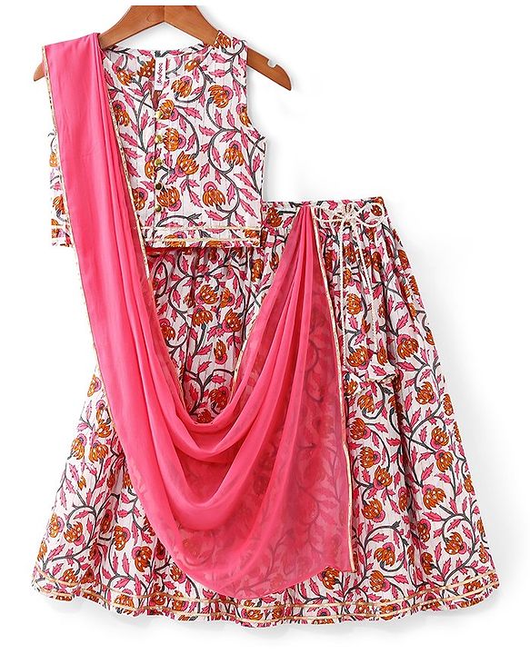 Babyhug 100% Cotton Woven Sleeveless Choli Lehenga  With Dupatta Floral Print - White & Pink
