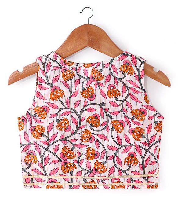 Babyhug 100% Cotton Woven Sleeveless Choli Lehenga  With Dupatta Floral Print - White & Pink