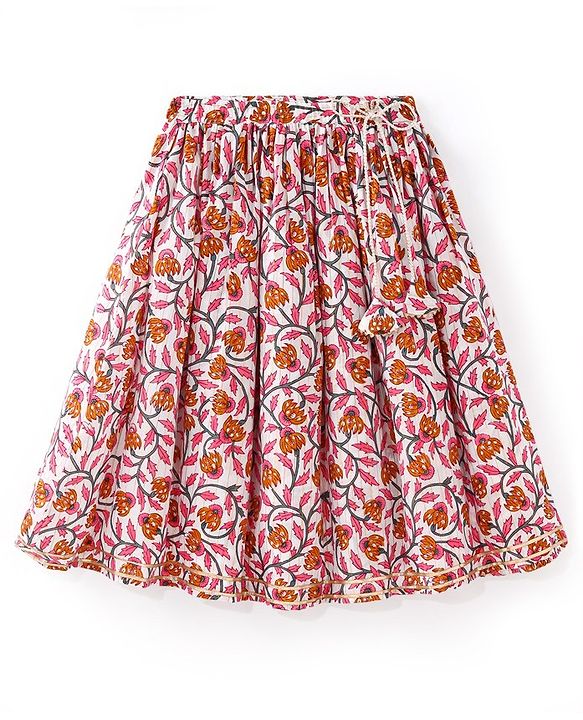 Babyhug 100% Cotton Woven Sleeveless Choli Lehenga  With Dupatta Floral Print - White & Pink