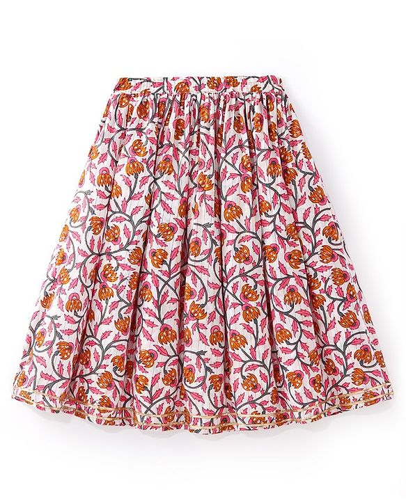 Babyhug 100% Cotton Woven Sleeveless Choli Lehenga  With Dupatta Floral Print - White & Pink