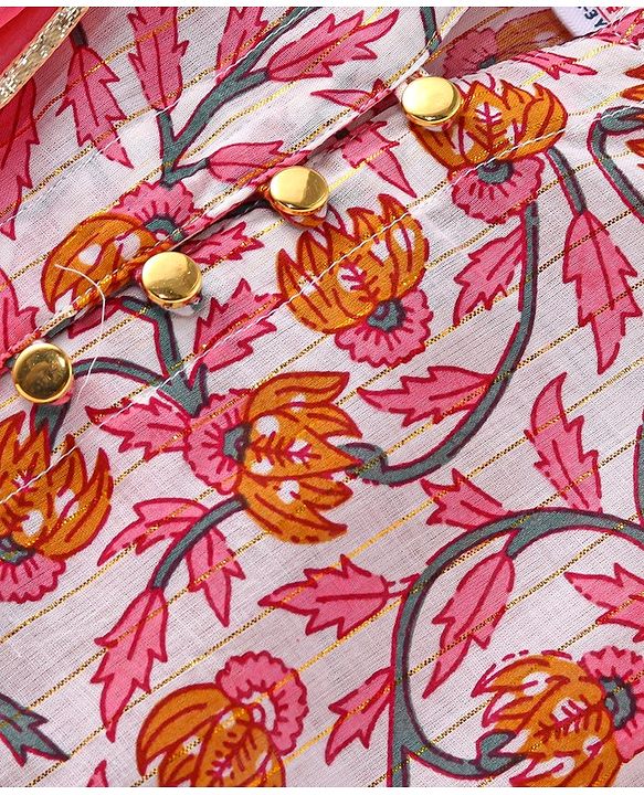 Babyhug 100% Cotton Woven Sleeveless Choli Lehenga  With Dupatta Floral Print - White & Pink