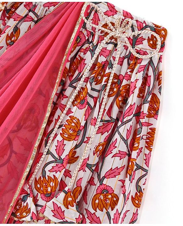 Babyhug 100% Cotton Woven Sleeveless Choli Lehenga  With Dupatta Floral Print - White & Pink