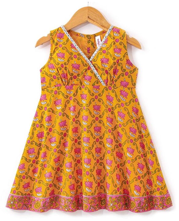 Babyhug 100% Cotton Woven  Sleeveless Ethnic Dress Floral Print- Yellow