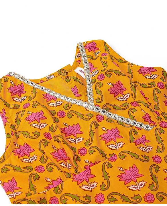 Babyhug 100% Cotton Woven  Sleeveless Ethnic Dress Floral Print- Yellow