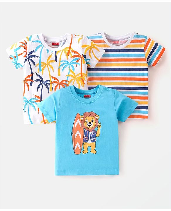 Babyhug Cotton Half Sleeves Striped T-Shirt With Lion Graphics Pack of 3 - Multicolor