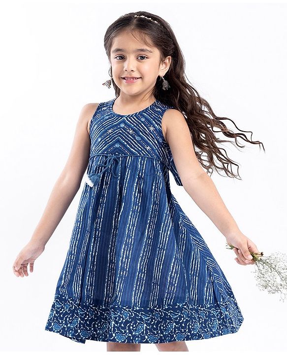 Babyhug 100% Cotton Woven Sleeveless Striped Ethnic Dress - Indigo