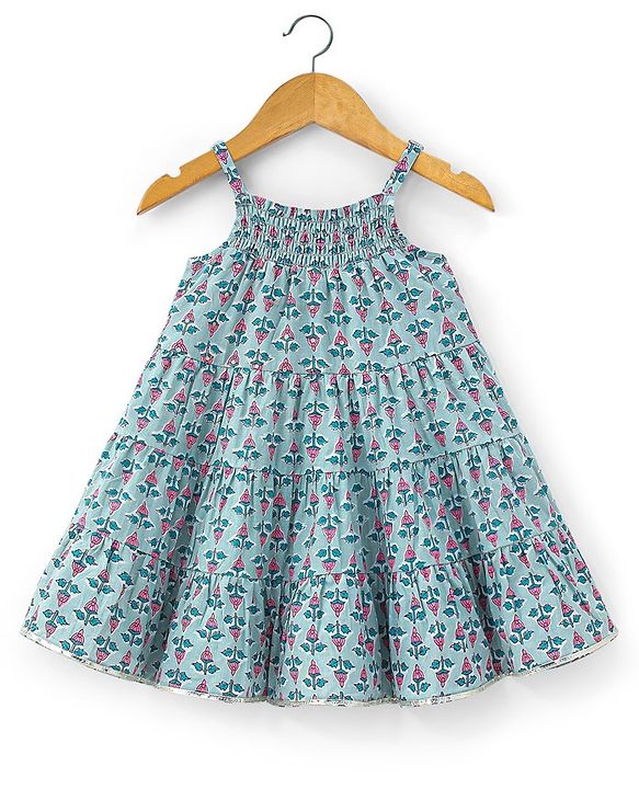 Babyhug Sleeveless Ethnic Dress With Smoking Design Floral Print - Grey