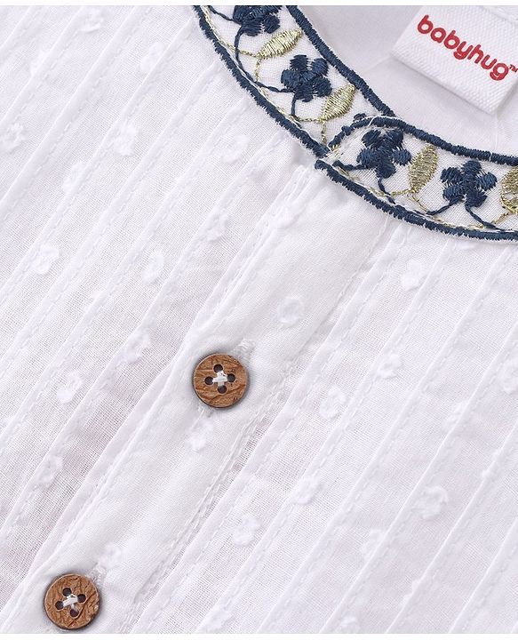 Babyhug 100% Cotton Woven Full Sleeves Floral Embroidered Kurta With Abstract Printed Dobby Dhoti Set - White