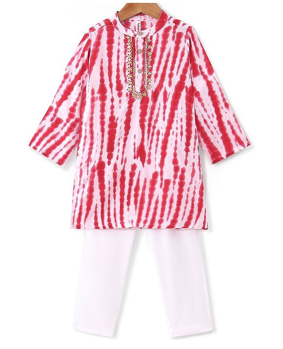 Babyhug 100% Cotton Woven Full Sleeves Tie & Dye Kurta With Pyjama Set - Pink & White