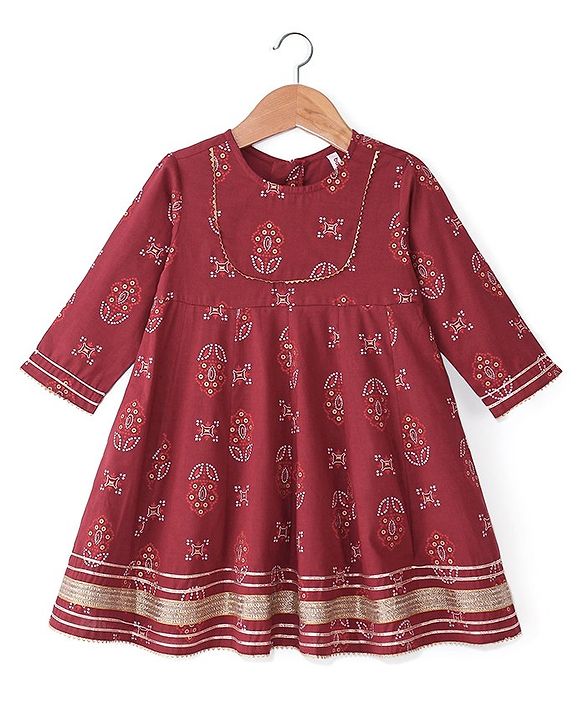 Babyhug 100% Cotton Woven Full Sleeves Kurti Palazzo And Dupatta With Ikat Print - Maroon