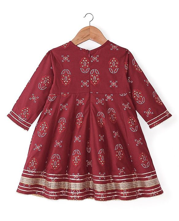 Babyhug 100% Cotton Woven Full Sleeves Kurti Palazzo And Dupatta With Ikat Print - Maroon