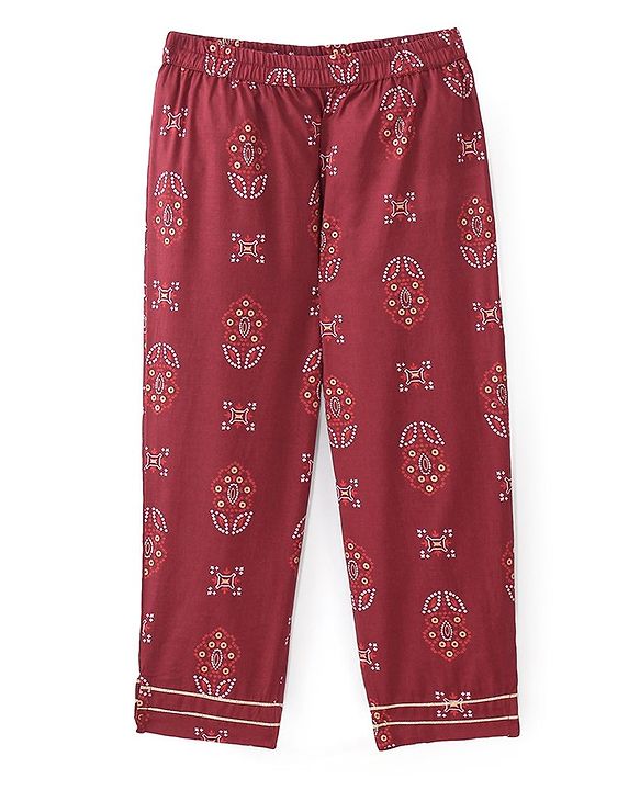 Babyhug 100% Cotton Woven Full Sleeves Kurti Palazzo And Dupatta With Ikat Print - Maroon