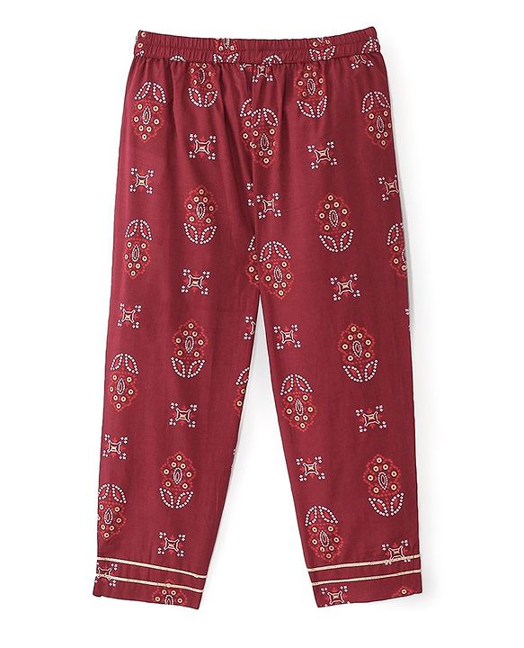 Babyhug 100% Cotton Woven Full Sleeves Kurti Palazzo And Dupatta With Ikat Print - Maroon