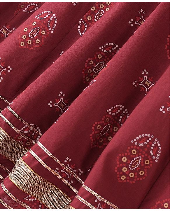 Babyhug 100% Cotton Woven Full Sleeves Kurti Palazzo And Dupatta With Ikat Print - Maroon