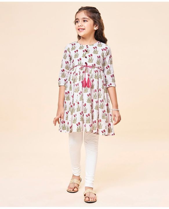 Babyhug Cotton Woven Three Fourth Sleeves Floral Printed Printed Kurti and Salwar Set- White