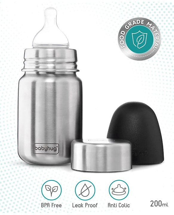 Babyhug Sterilizable Steel Feeding Bottle - 240 ml| BPA Free| Leak Resistant| BPA Free| 304 Grade| Anti-Colic| Newborns & Toddlers| Corrosion Resistant| Use as Water Bottle| Wide Neck