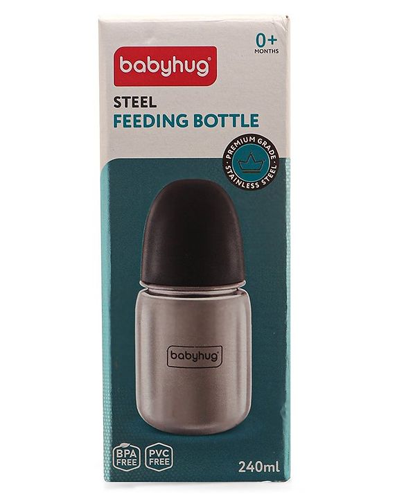 Babyhug Sterilizable Steel Feeding Bottle - 240 ml| BPA Free| Leak Resistant| BPA Free| 304 Grade| Anti-Colic| Newborns & Toddlers| Corrosion Resistant| Use as Water Bottle| Wide Neck